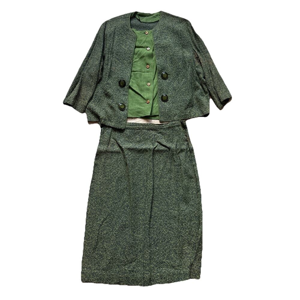 Vintage 1960’s Olive Green Tweed Long Straight Skirt 3 Piece Jacket Blouse M 60s